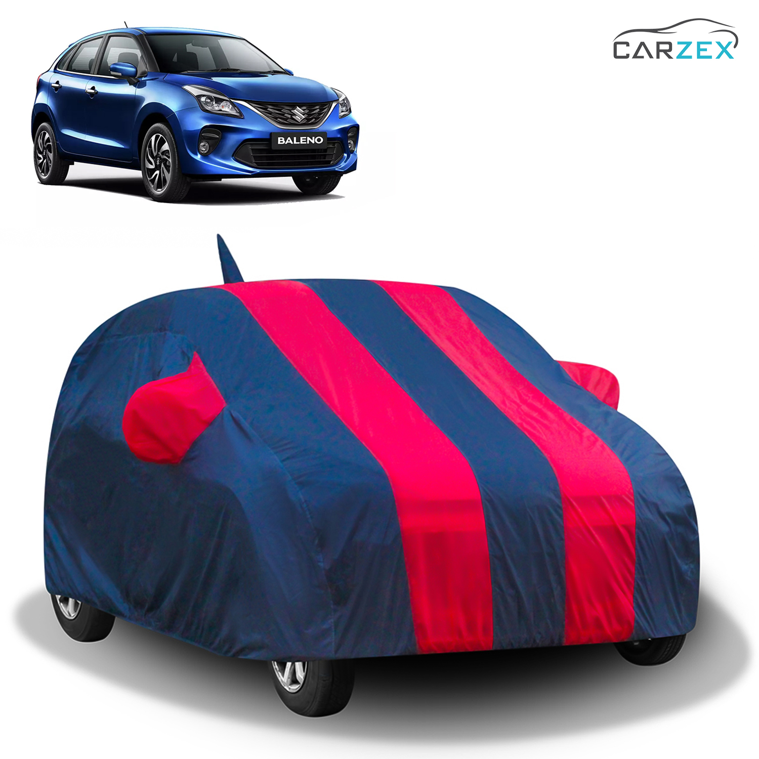 Carzex Stylish Red & Blue Stripes Car Body Cover with Mirror & Antenna Pockets for Maruti Suzuki Baleno